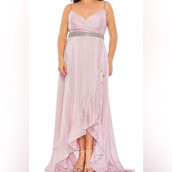 Mac Duggal - Women’s Plus - Rhinestone Belt Faux Wrap Ruffle Tulip Hem Gown - Picture 1 of 11